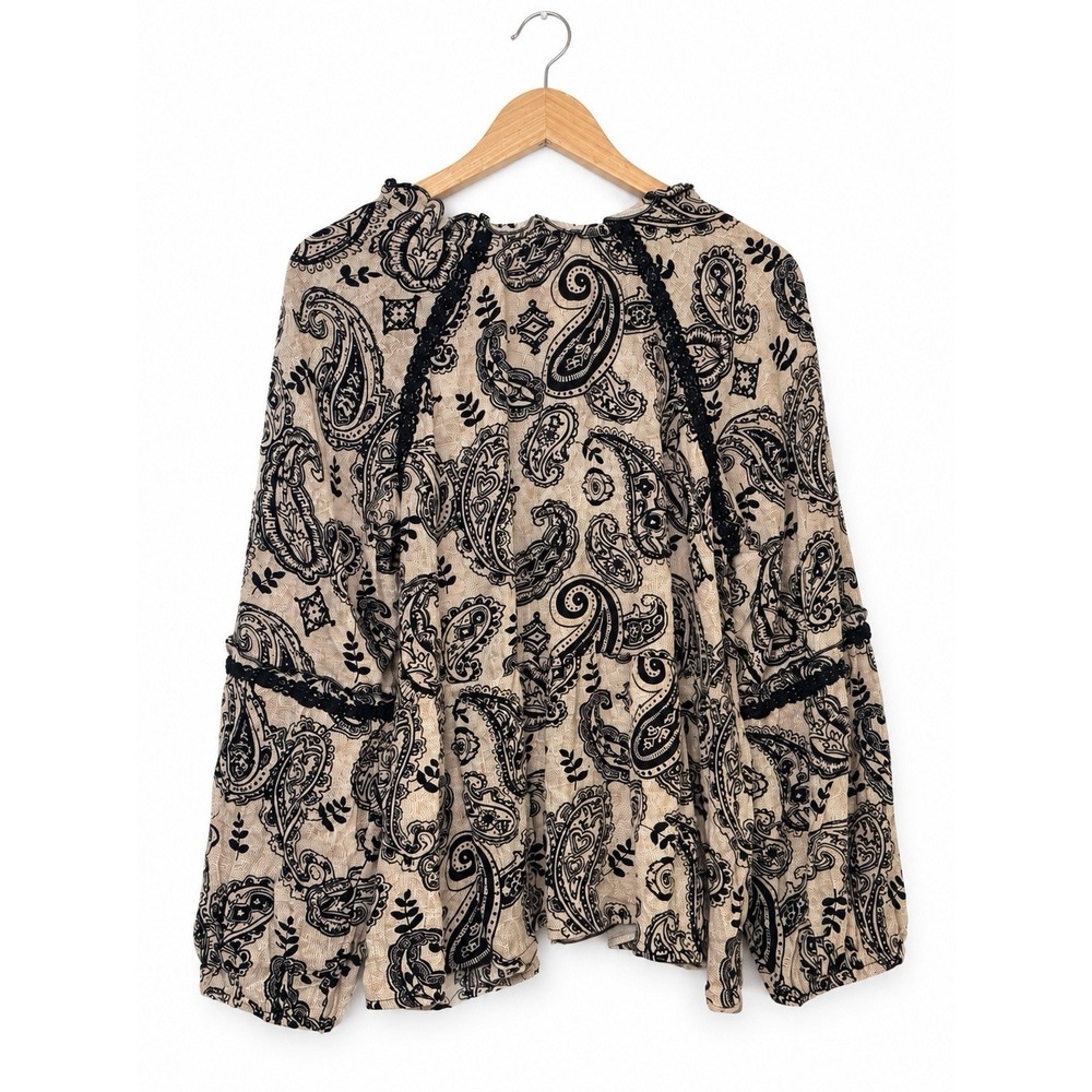 Knox Rose Women's XXL Paisley Boho Blouse Beige Black Long Sleeve Crochet Trim - Picture 3 of 8